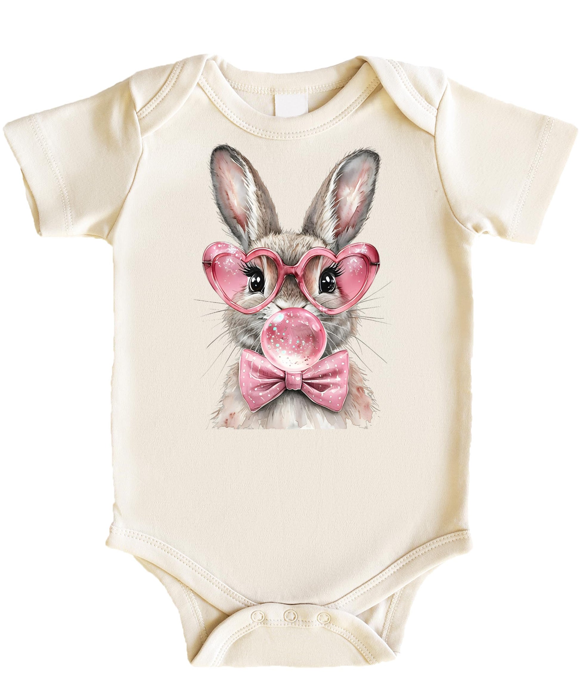 Baby girl bodysuit with Easter bunny blowing bubblegum bubble wearing pink heart-shaped glasses and pink bow on natural fabric