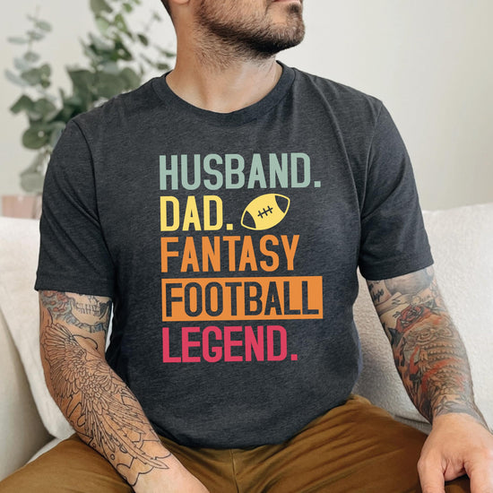 Husband Dad Fantasy Football Legend black tee styled flat lay product shot