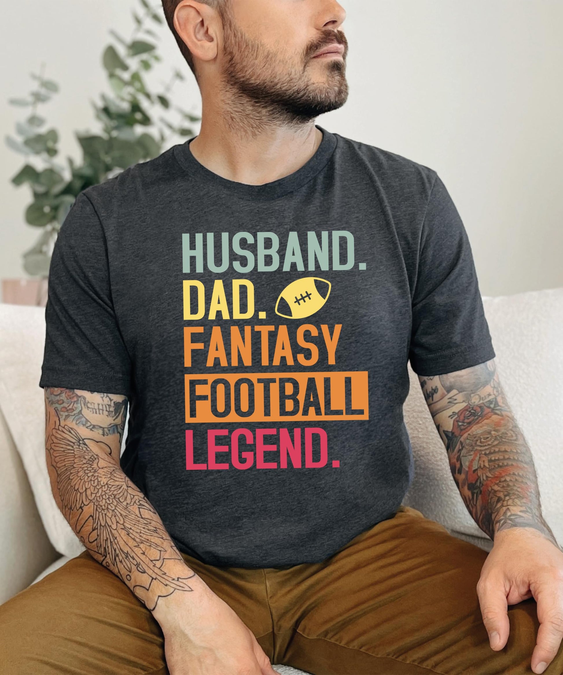Husband Dad Fantasy Football Legend black tee styled flat lay product shot