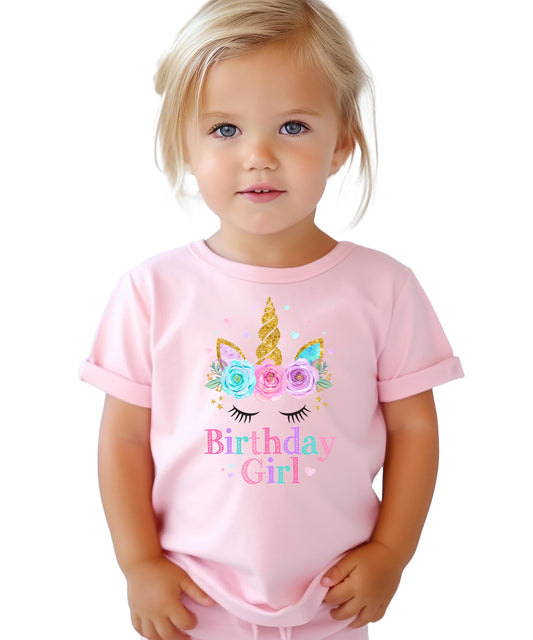 Full family unicorn birthday matching shirt collection laid out together