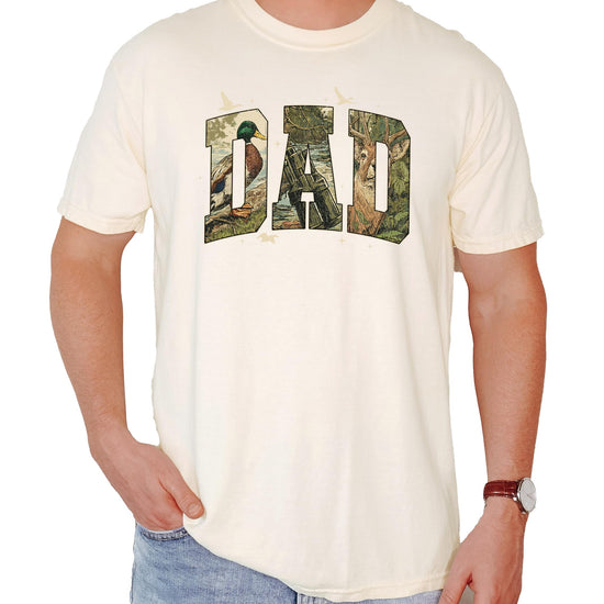 Flat lay of men's DAD camo hunting t-shirt showing full print detail