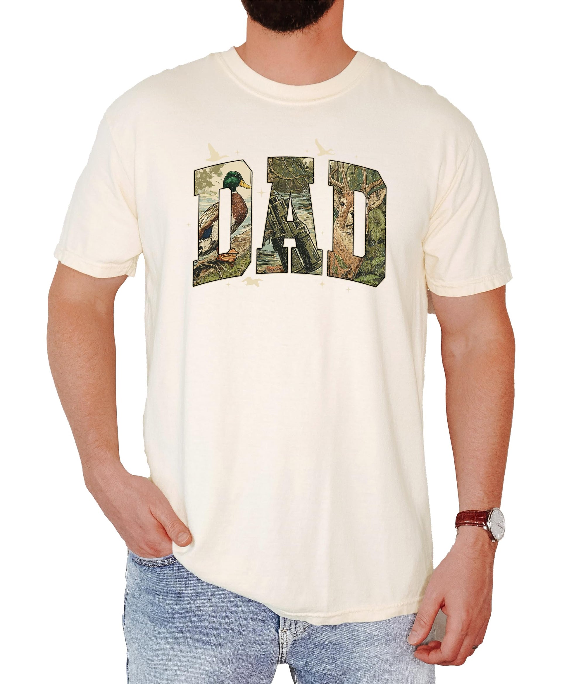 Flat lay of men's DAD camo hunting t-shirt showing full print detail