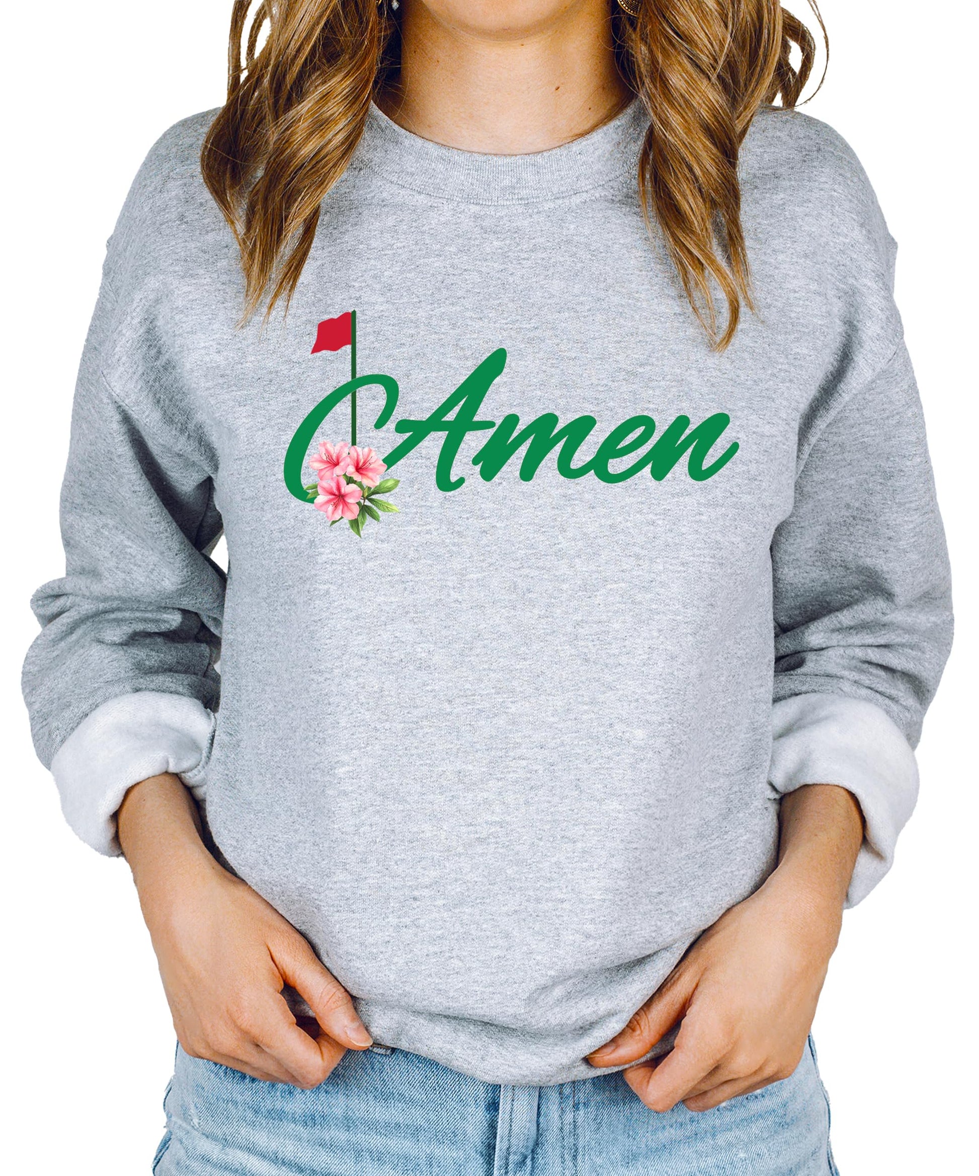 Close-up of Amen Golf graphic print on gray crewneck sweatshirt, vibrant and high-quality