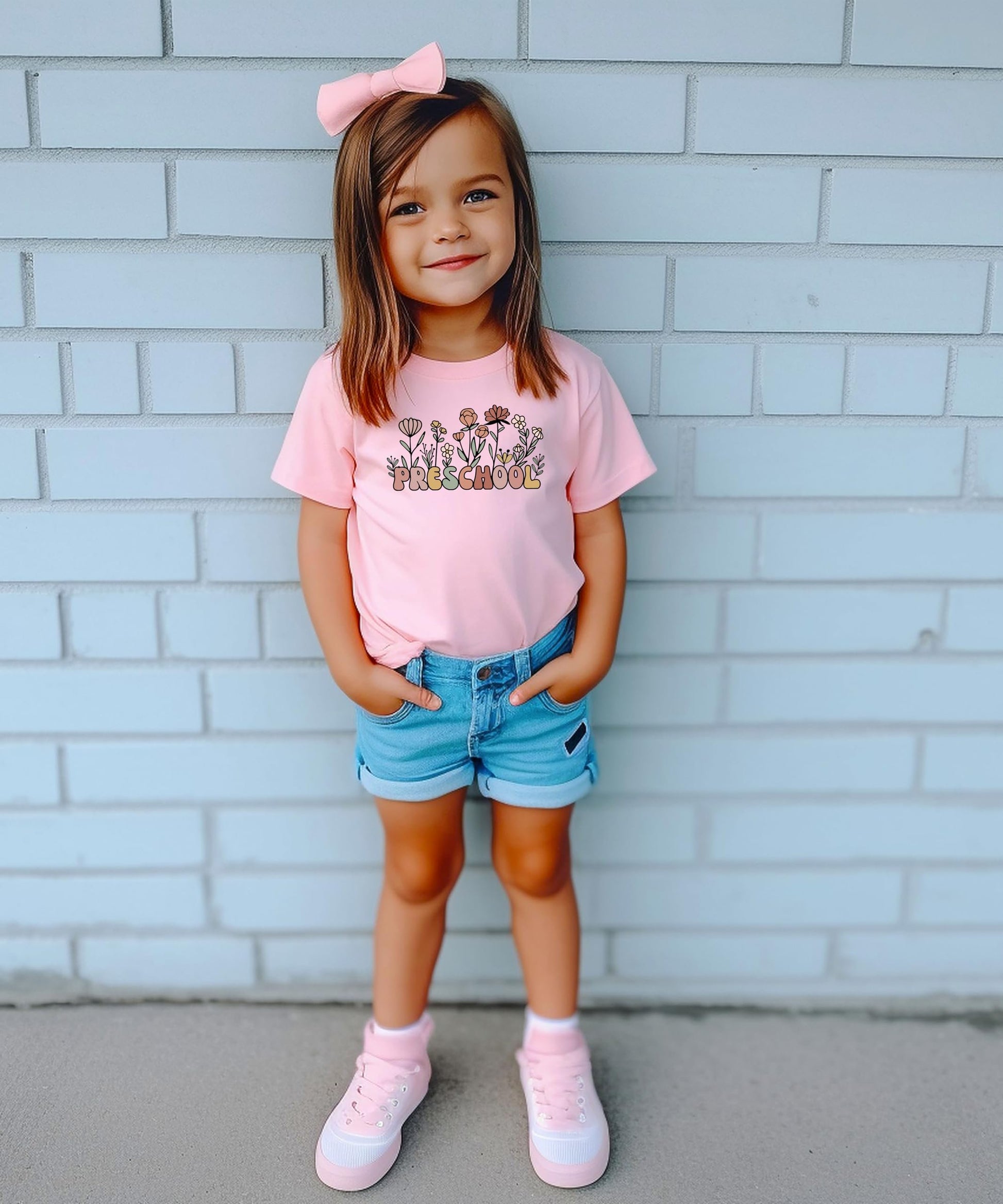 Side or back view of girls wildflower graphic tee in natural color