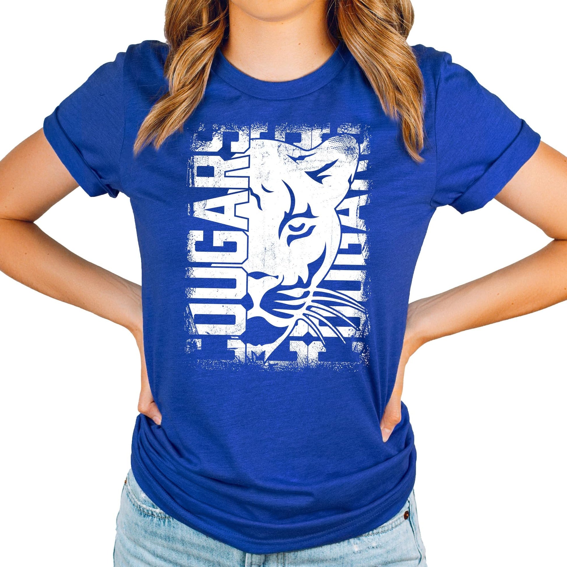Cougars school spirit shirt laid flat showing full graphic design on black fabric