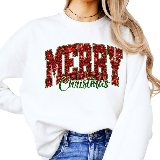 Close-up of bold Merry Christmas faux glitter graphic on gray sweatshirt