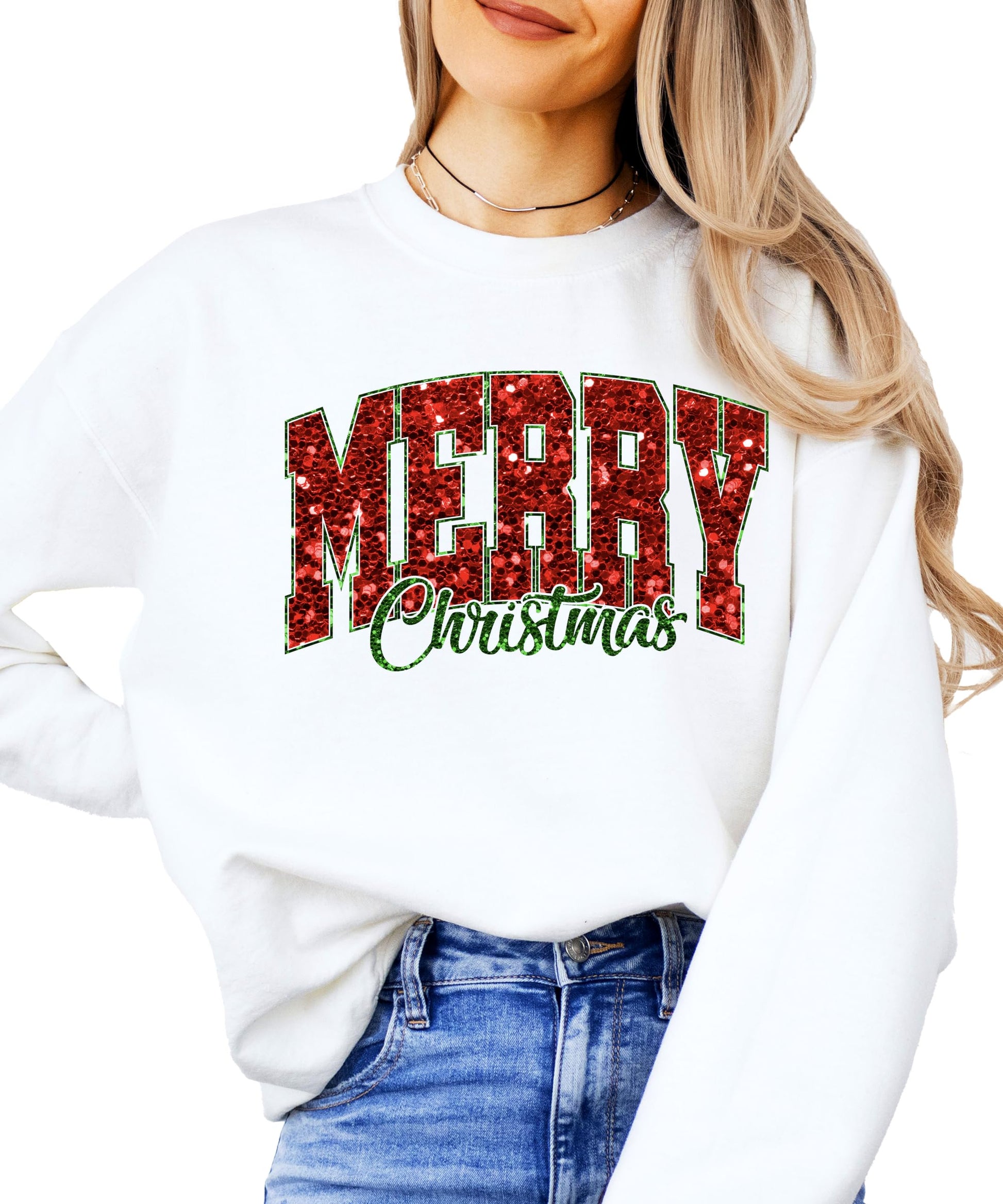 Close-up of bold Merry Christmas faux glitter graphic on gray sweatshirt