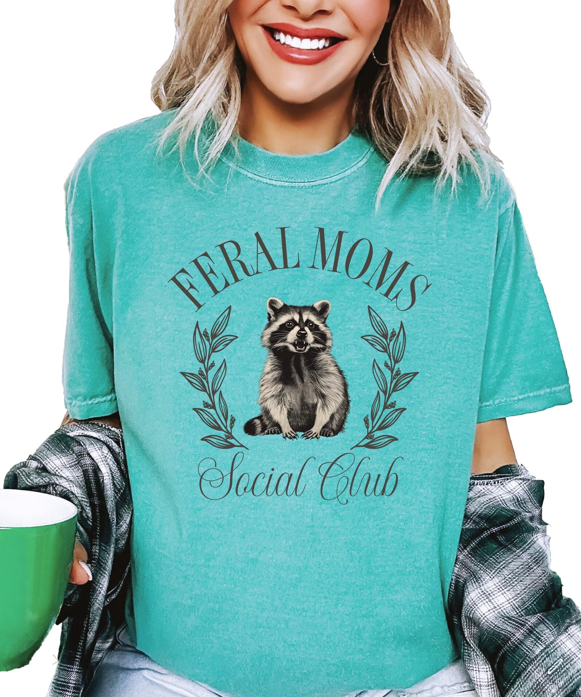 Detail shot of Feral Moms Social Club tee showing print quality and fabric texture