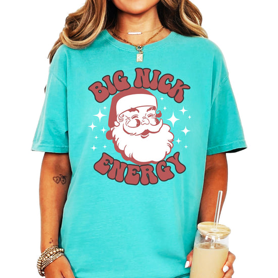 Detail shot of Big Nick Energy Santa holiday shirt fabric and print quality