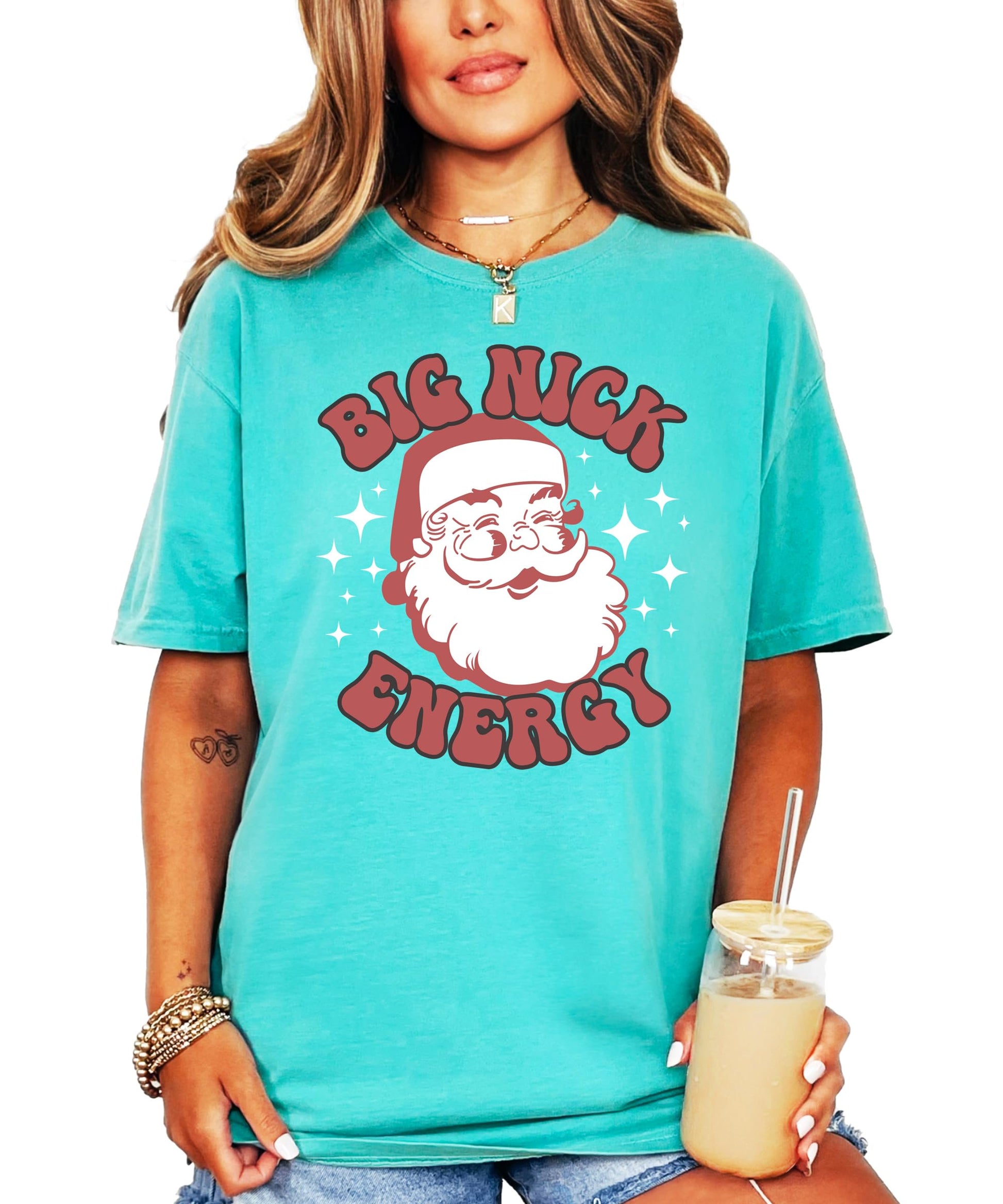 Detail shot of Big Nick Energy Santa holiday shirt fabric and print quality