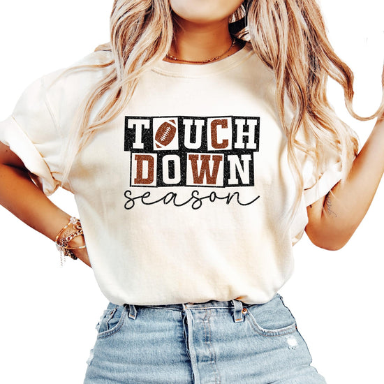 Touchdown Season checkered football tee in ivory with cute girly design for women