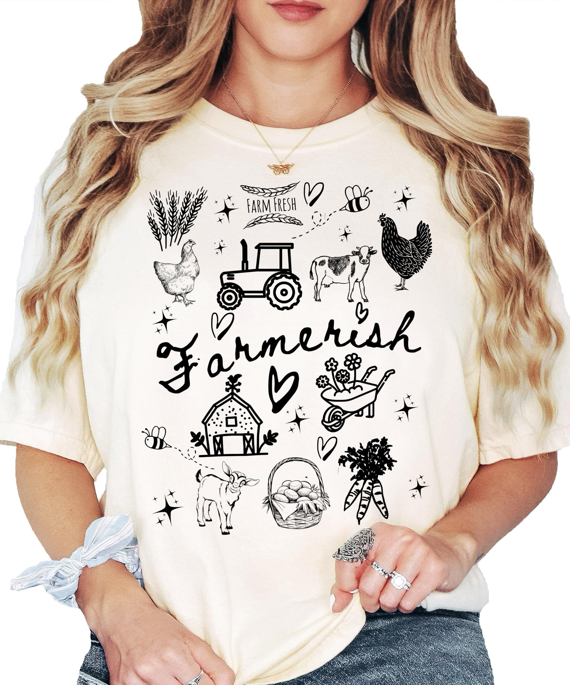 Farmerish women's graphic tee styled casually, featuring charming farm illustration design