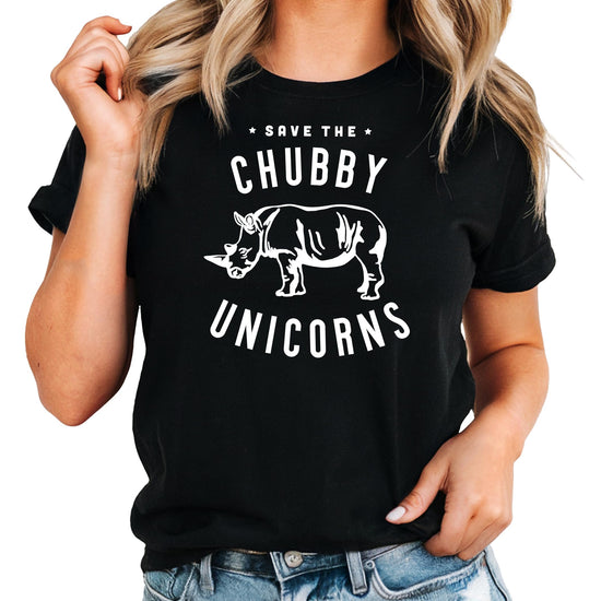 Save The Chubby Unicorns shirt flat lay showing full graphic design