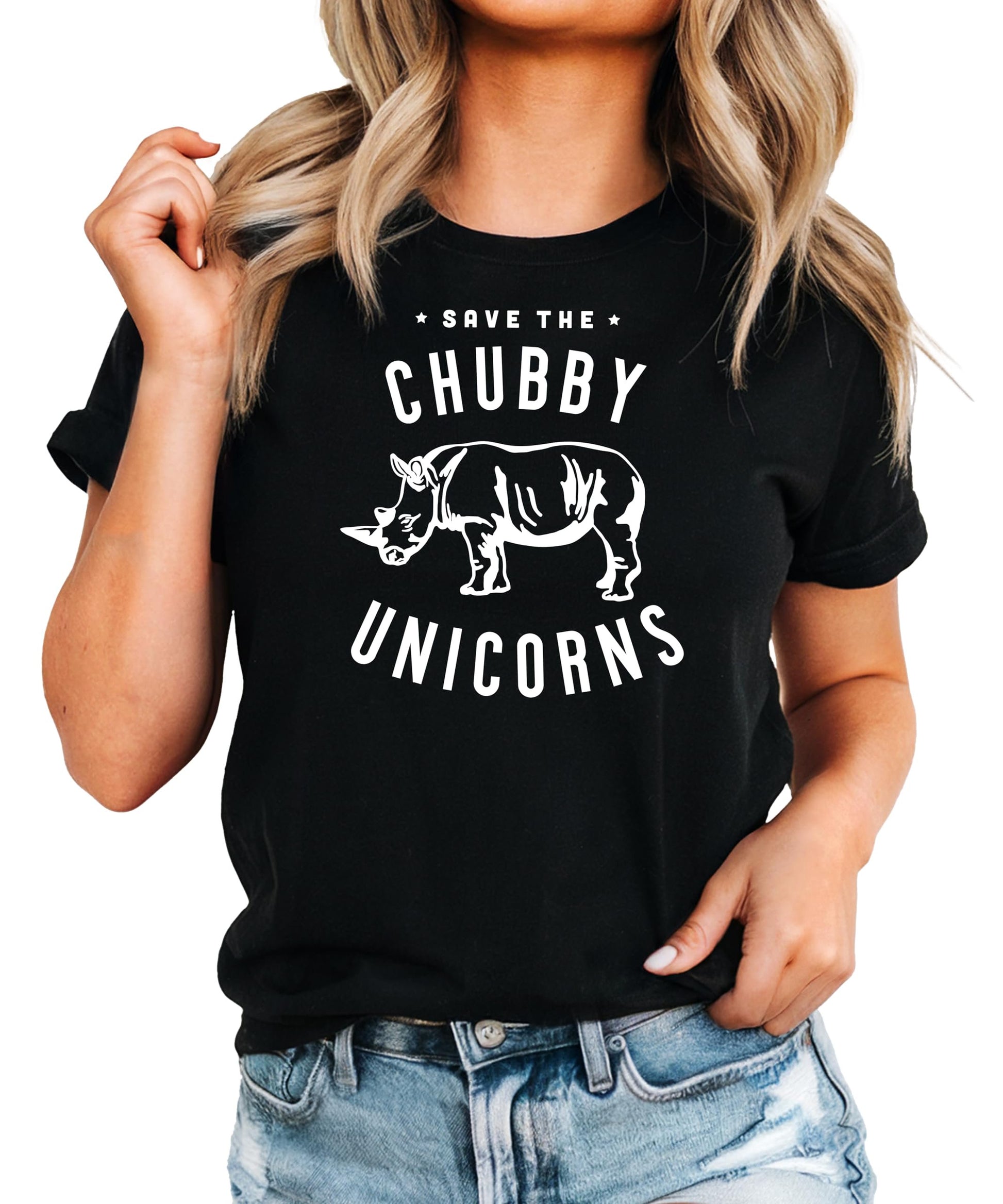 Save The Chubby Unicorns shirt flat lay showing full graphic design
