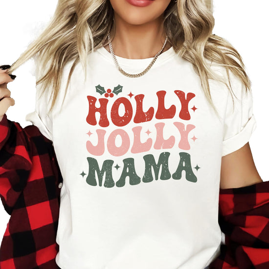 Detail shot of Holly Jolly Mistletoe design on natural cotton matching Christmas shirt