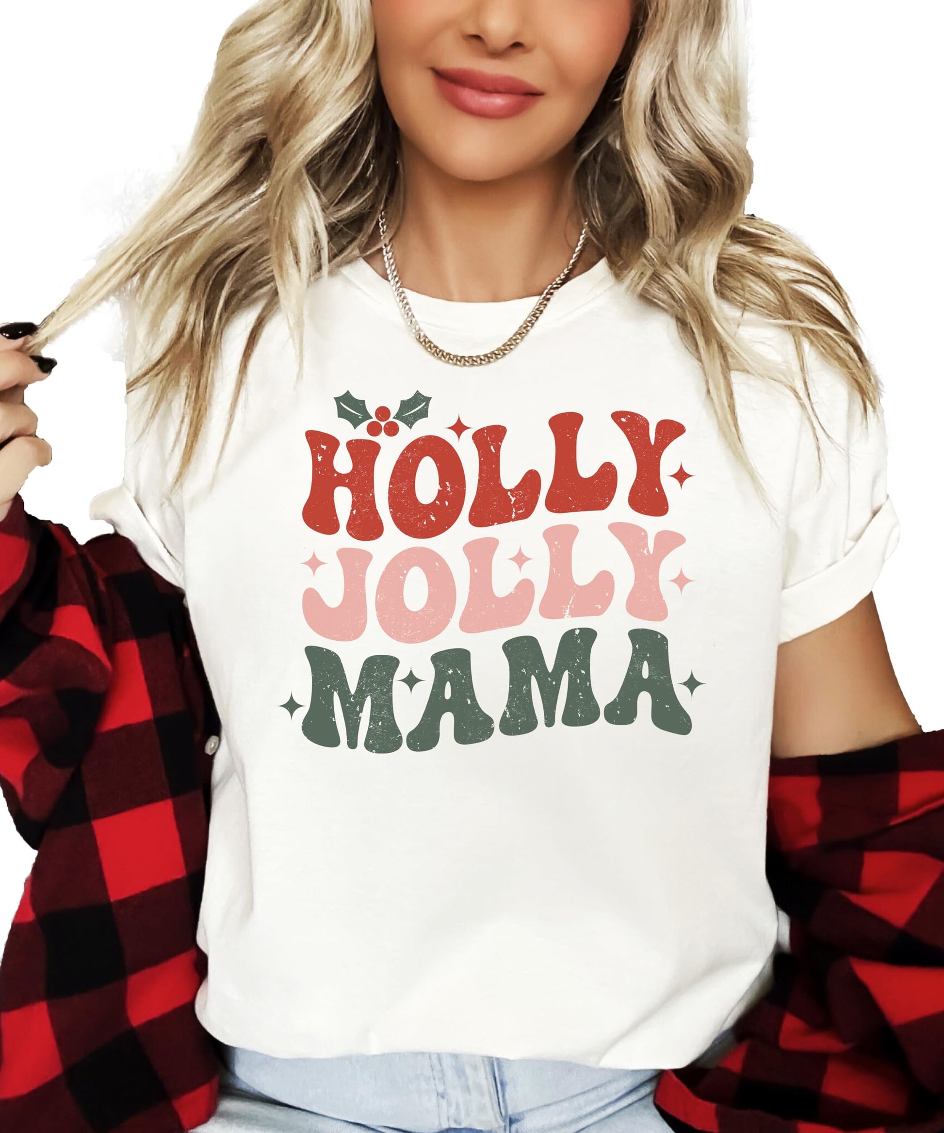 Detail shot of Holly Jolly Mistletoe design on natural cotton matching Christmas shirt