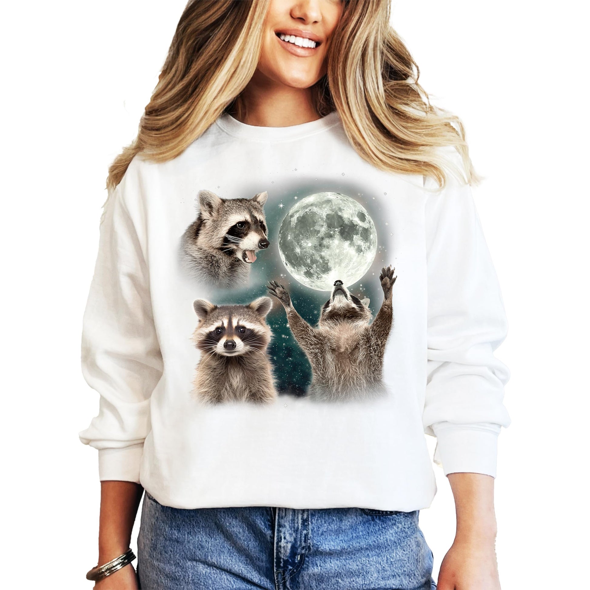 Flat lay of gray raccoon howling at moon women's graphic pullover sweatshirt
