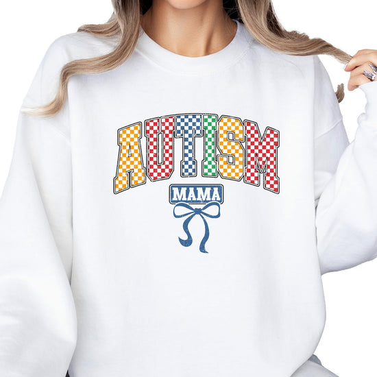 Front view of Autism Awareness pullover sweatshirt with vibrant checkered design