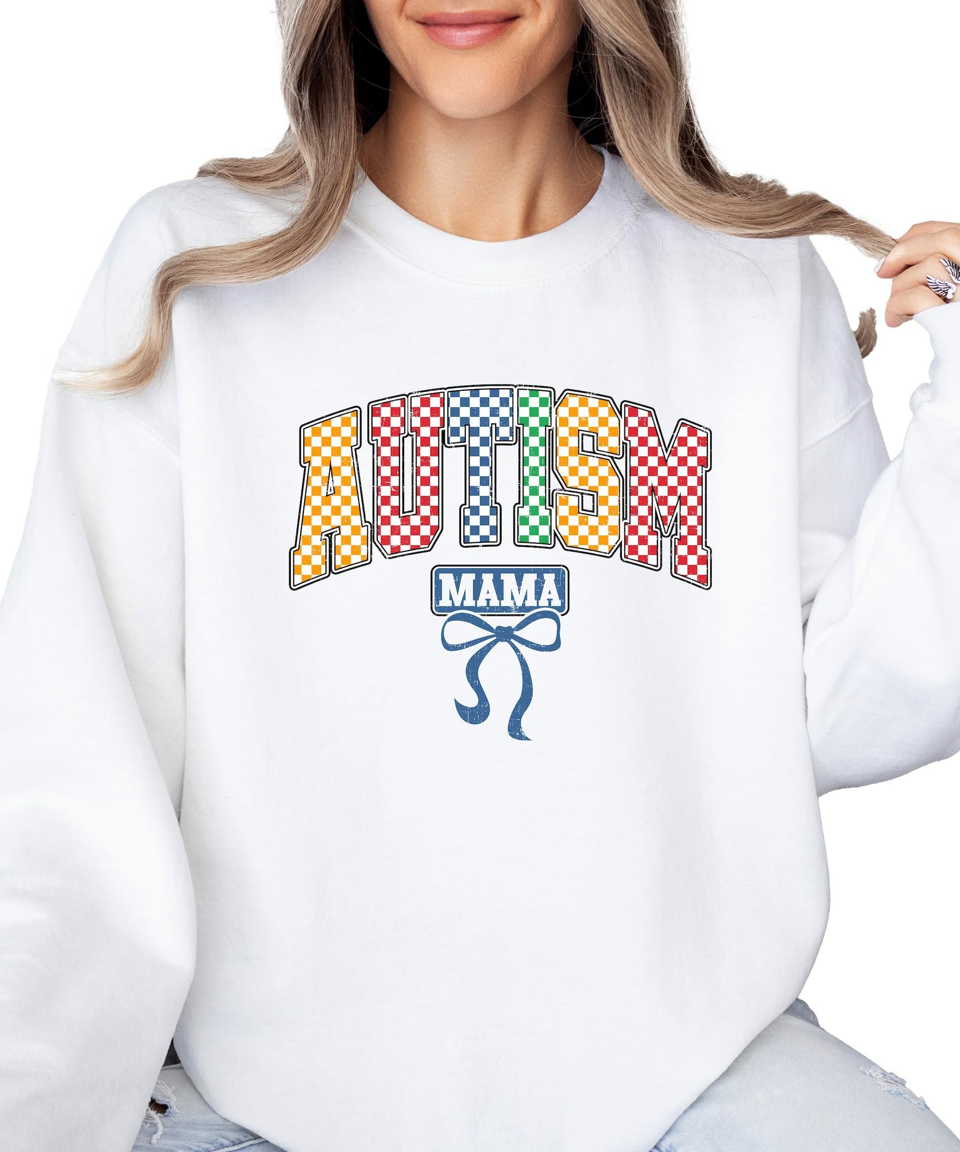 Front view of Autism Awareness pullover sweatshirt with vibrant checkered design