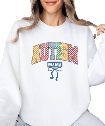 Front view of Autism Awareness pullover sweatshirt with vibrant checkered design