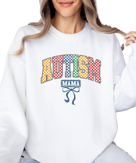 Front view of Autism Awareness pullover sweatshirt with vibrant checkered design