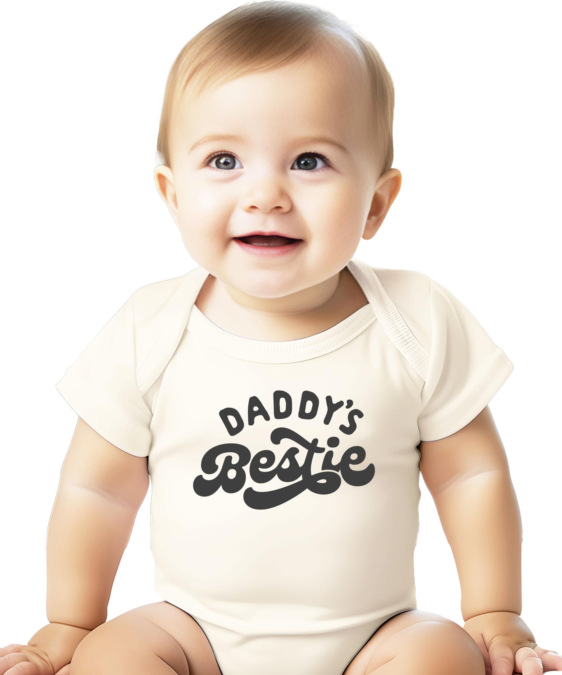 Peach baby bodysuit with retro Daddy's Bestie graphic print, unisex onesie for boys and girls