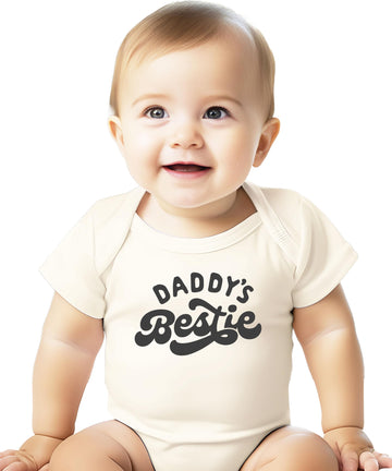 Peach baby bodysuit with retro Daddy's Bestie graphic print, unisex onesie for boys and girls
