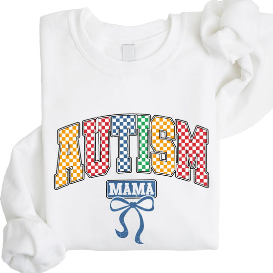 Women's white pullover sweatshirt with colorful checkered Autism Mama graphic design