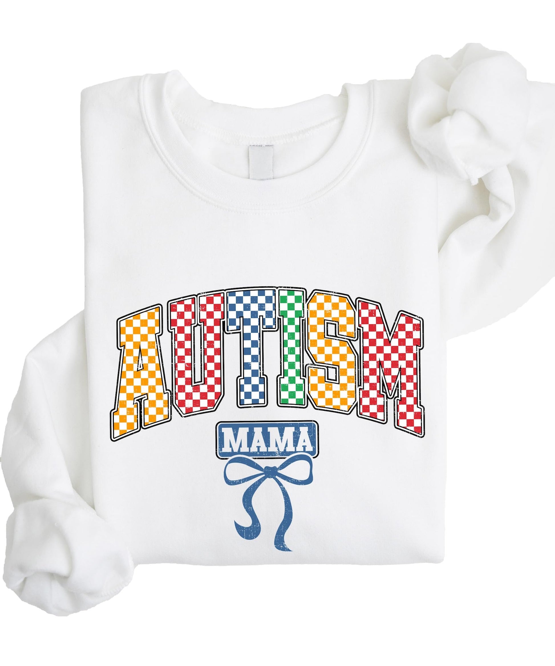Women's white pullover sweatshirt with colorful checkered Autism Mama graphic design