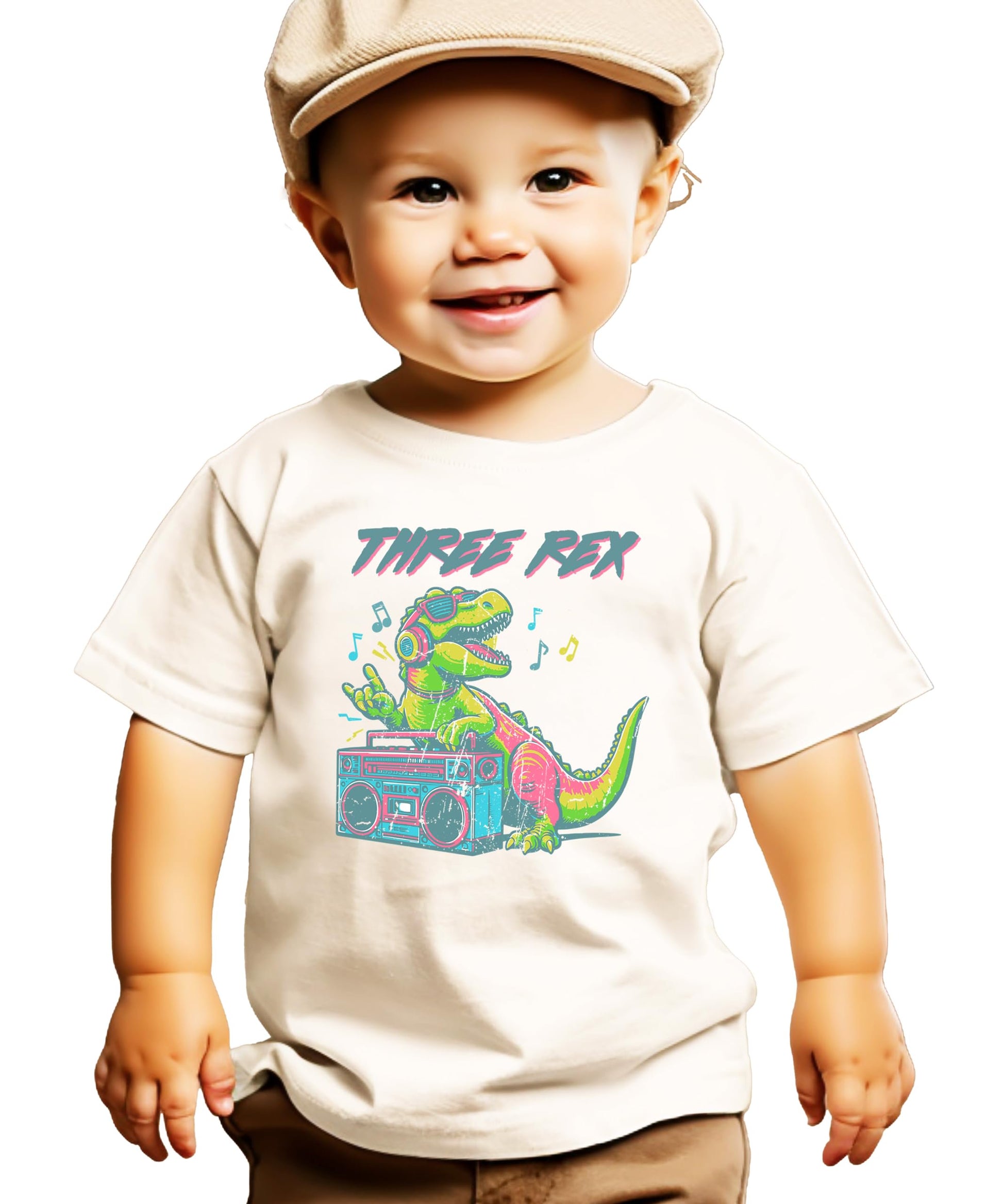 Olive Loves Apple Three Rex birthday shirt for boys laid flat showing full design