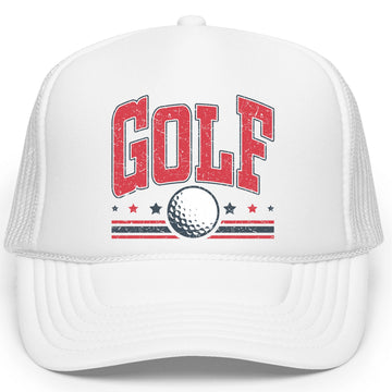 Patriotic Golf Classic 5 Panel High Crown Foam Front Trucker Hat Mesh Snap Back Red White Blue