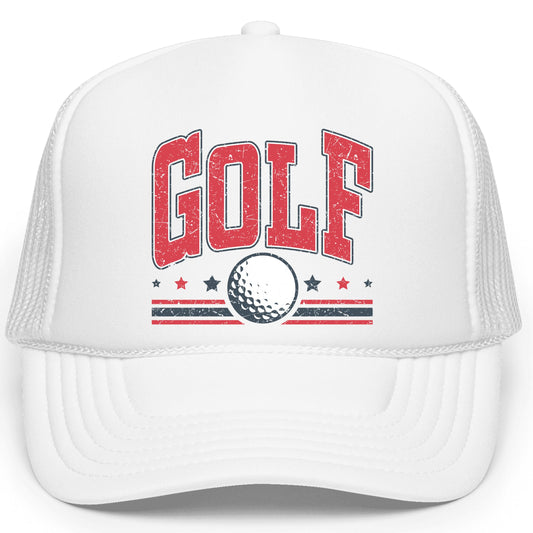 Patriotic Golf Classic 5 Panel High Crown Foam Front Trucker Hat Mesh Snap Back Red White Blue