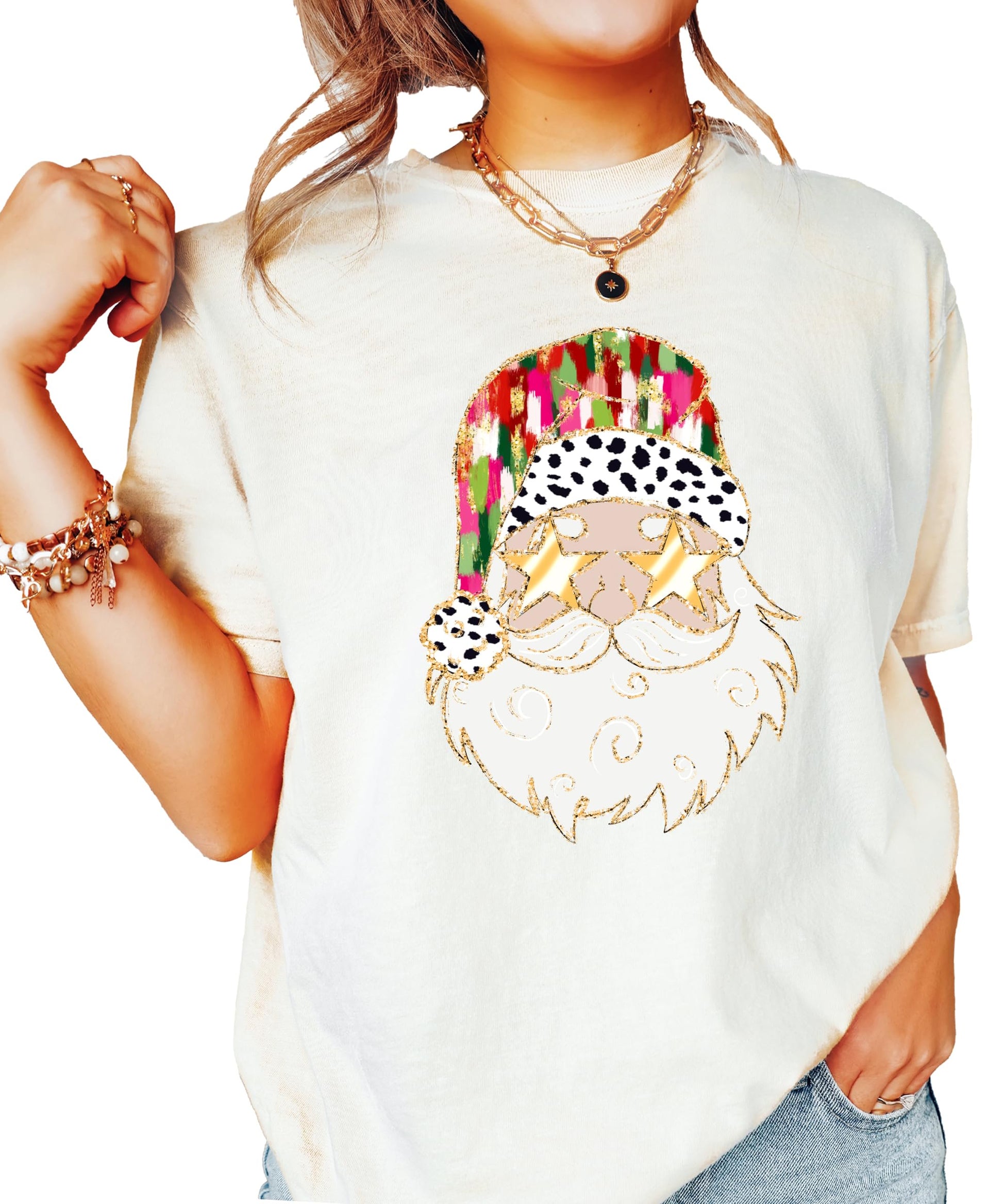 Women's ivory Christmas tee featuring a humorous painted Santa wearing gold sunglasses holiday graphic shirt