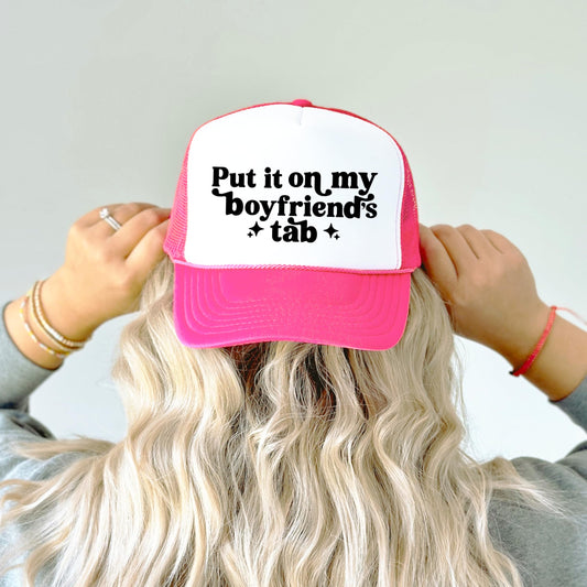 Put it on My Boyfriend's Tab Women's Adjustable Classic 5 Panel Mesh Snap Back Trucker Hat