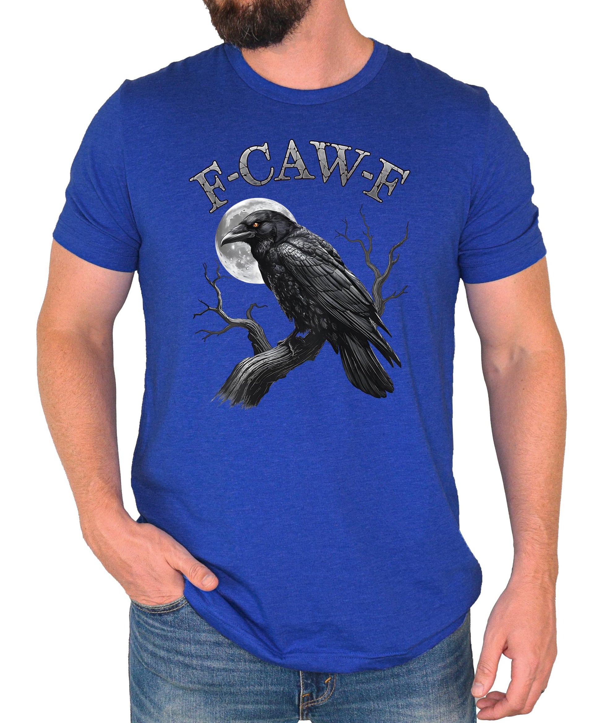 Black t-shirt with sarcastic crow and moon graphic design for men