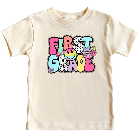 First grade vintage style shirt showing fabric texture and print quality