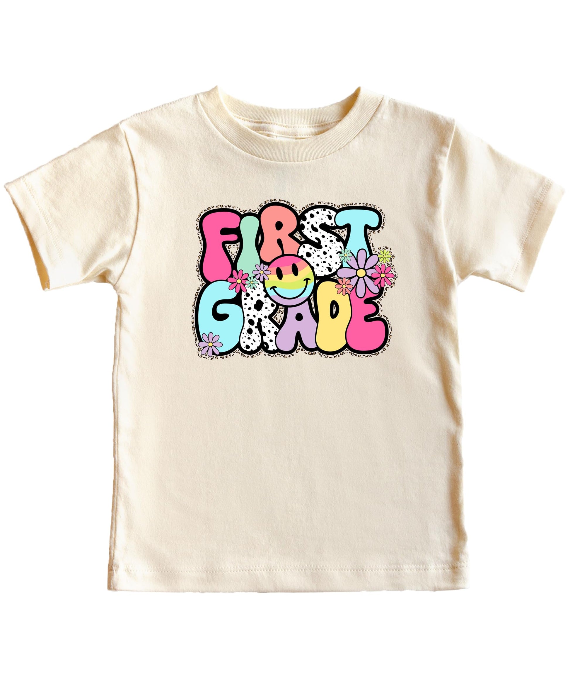 First grade vintage style shirt showing fabric texture and print quality