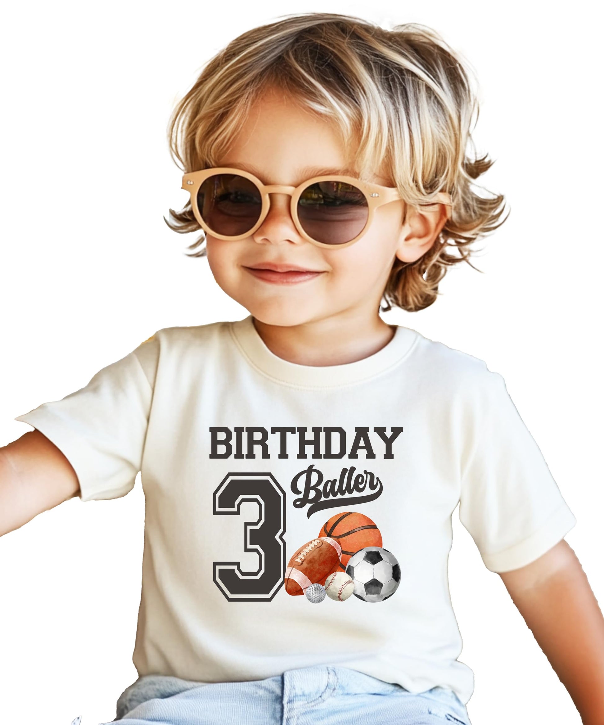 Close-up of Birthday Baller number 3 print on black toddler t-shirt