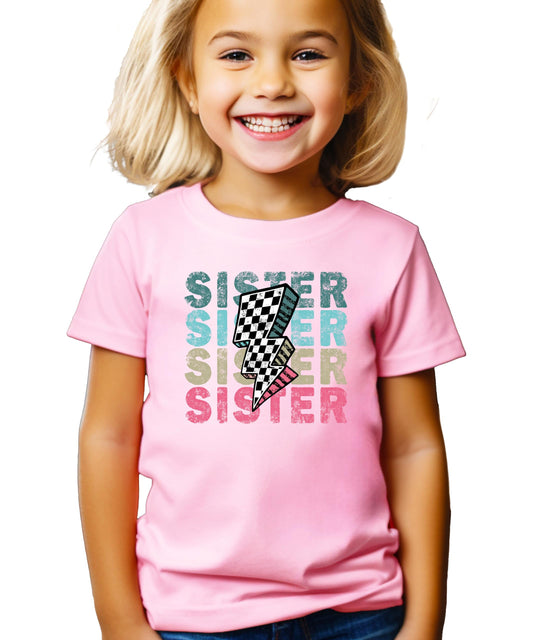Trendy Sister Shirt for Girls Checkered Lightning Bolt Graphic T-Shirt