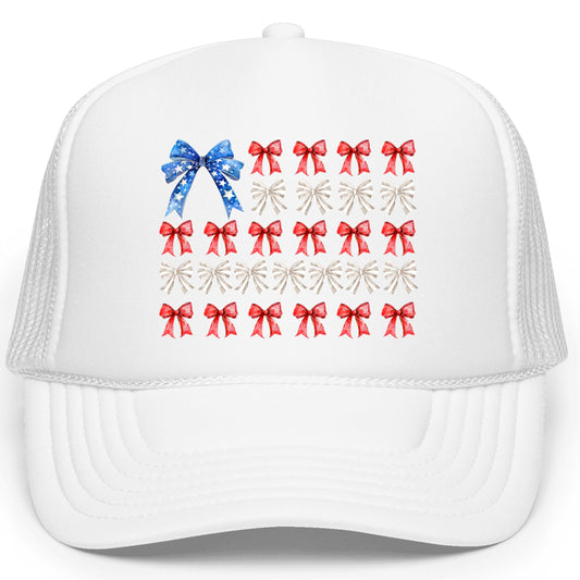 Coquette Bow USA Flag Trucker Hat for Women & Teens Foam Front Classic 5 Panel Mesh Snap Back