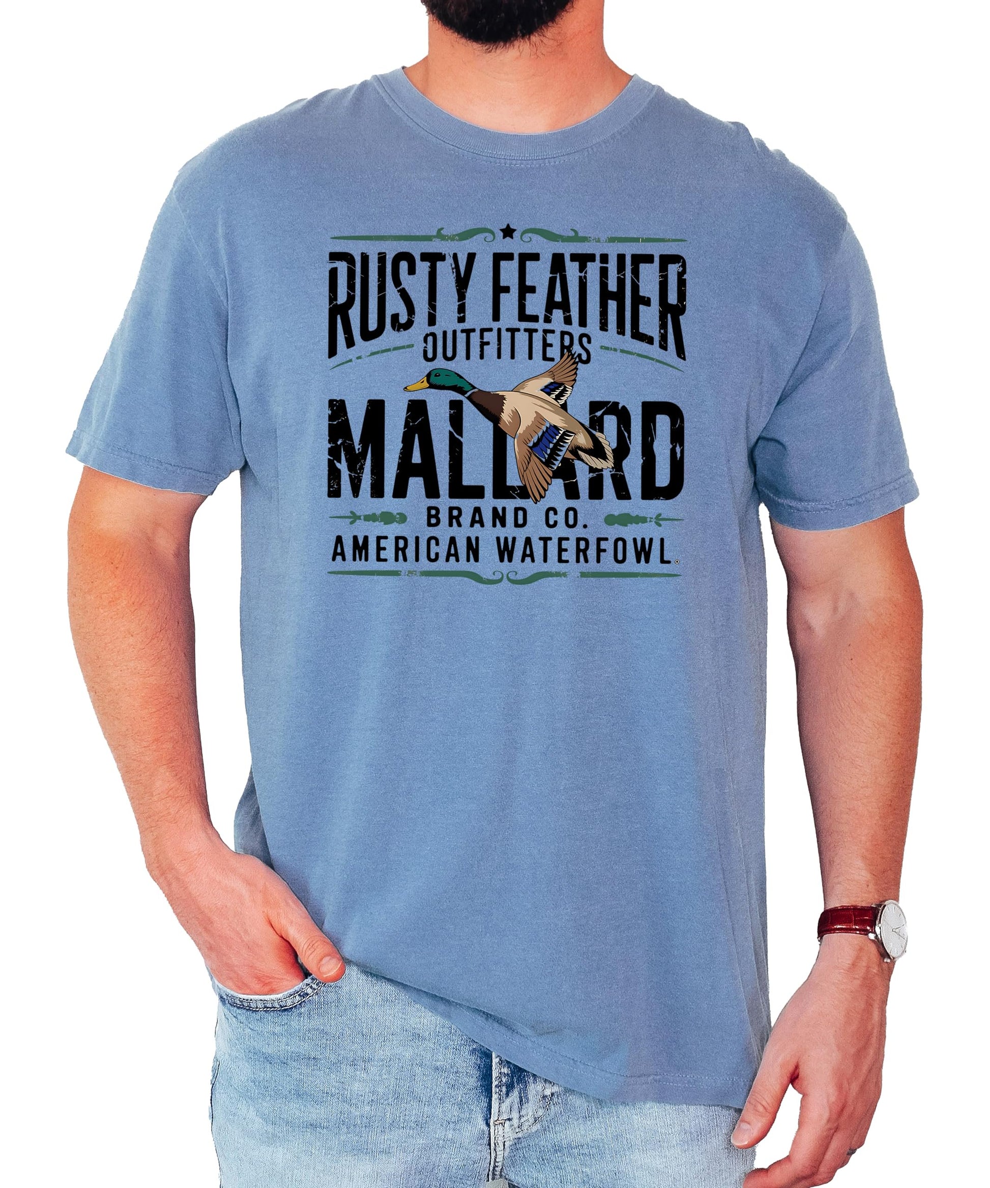Back view of Rusty Feather Outfitters unisex waterfowl hunter graphic t-shirt