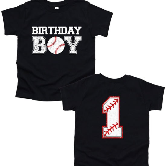 Boys baseball birthday shirt with bold number on back, black graphic tee for toddlers and kids