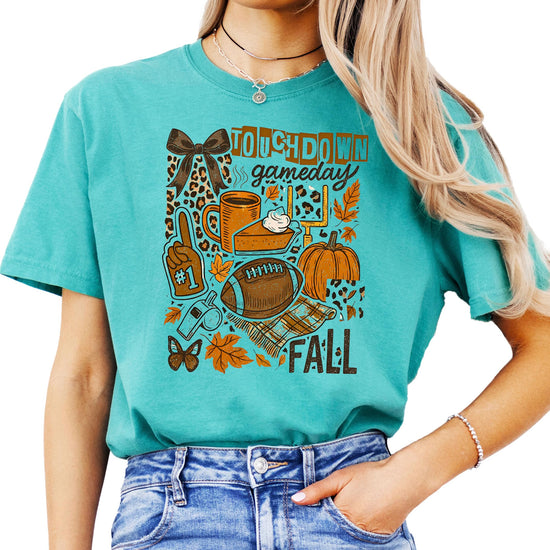 Close-up of Trendy Touchdown graphic design showing football, pumpkins, and fall elements