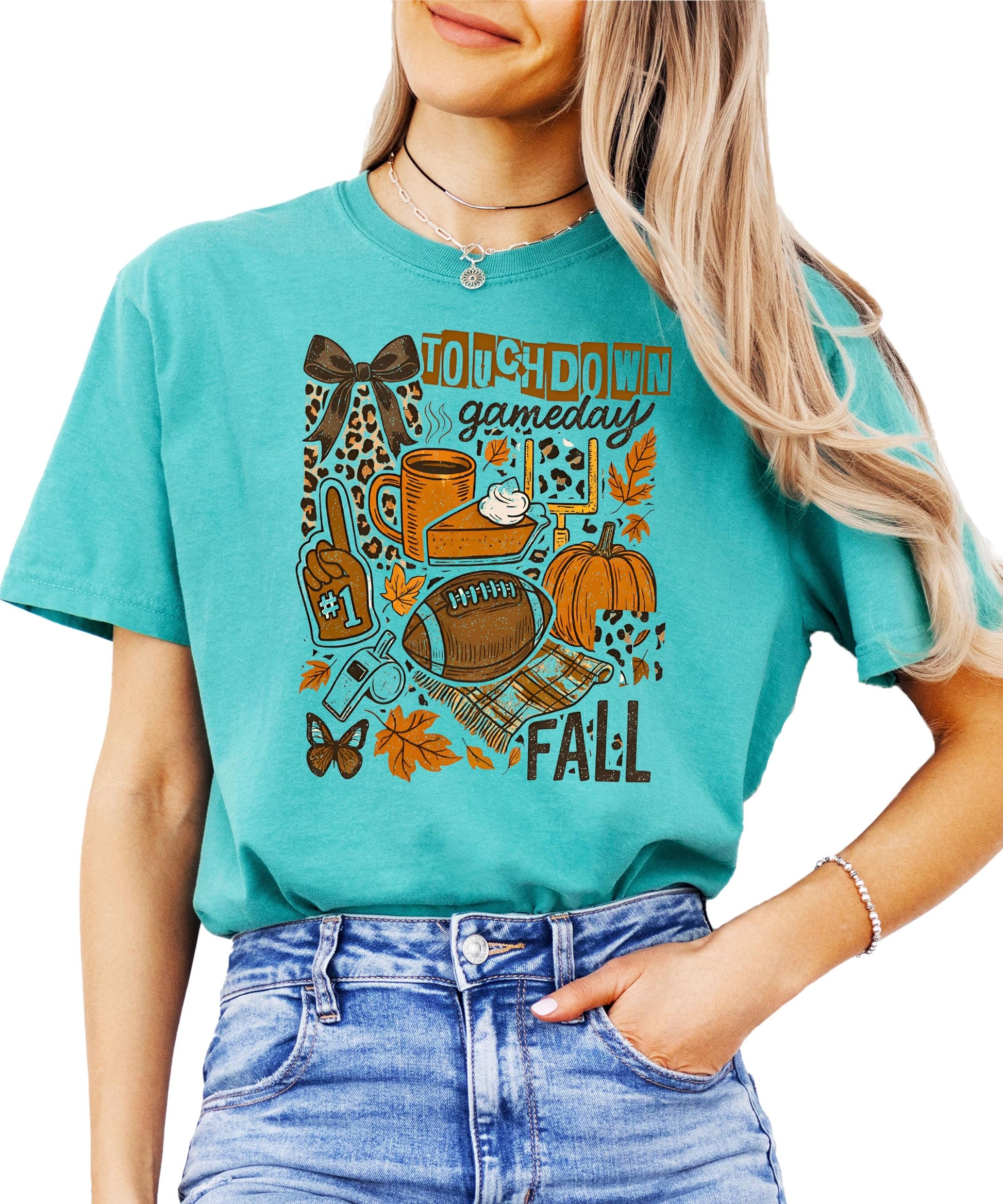 Close-up of Trendy Touchdown graphic design showing football, pumpkins, and fall elements
