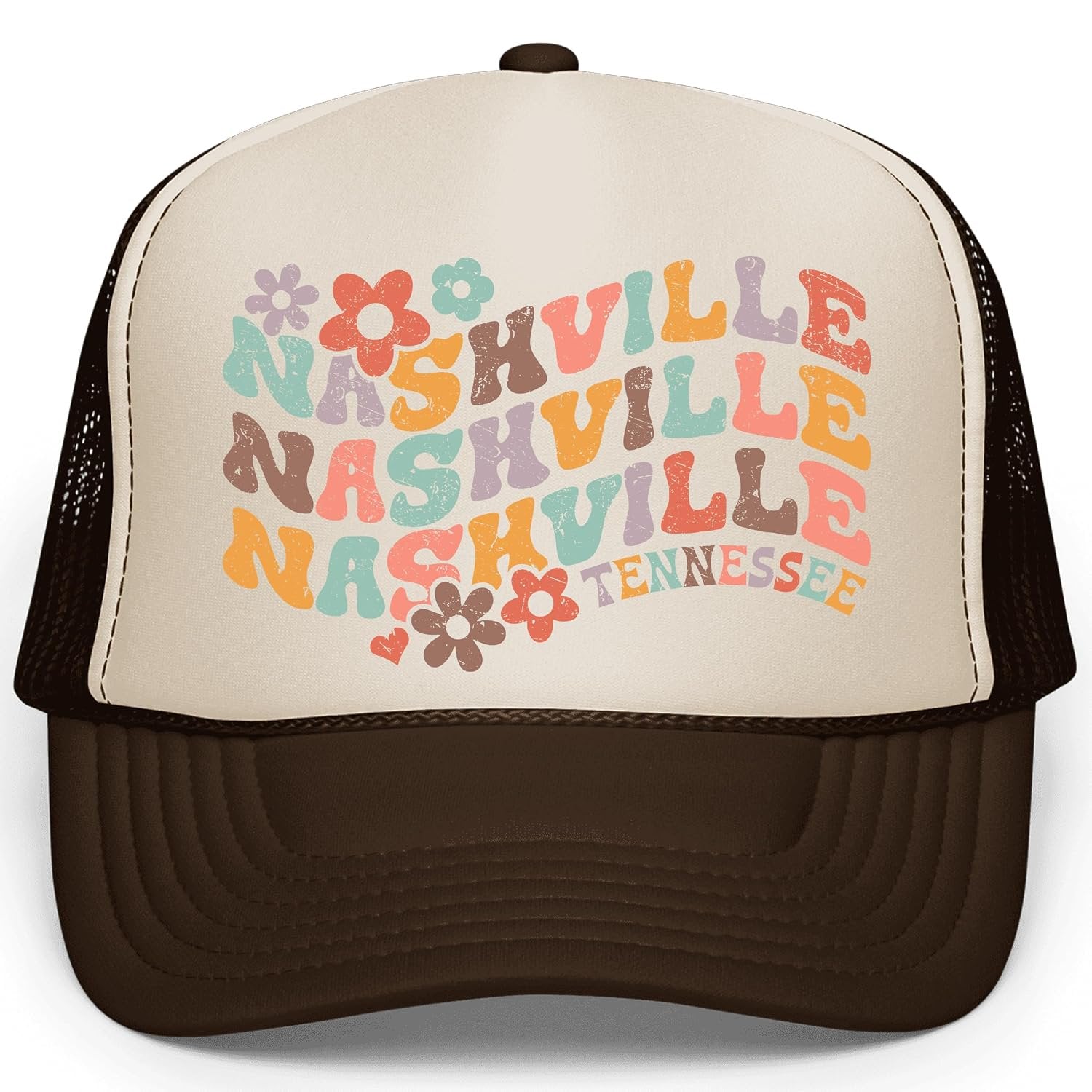 Front detail of distressed sun-faded Nashville lettering with colorful daisy accents on white trucker hat