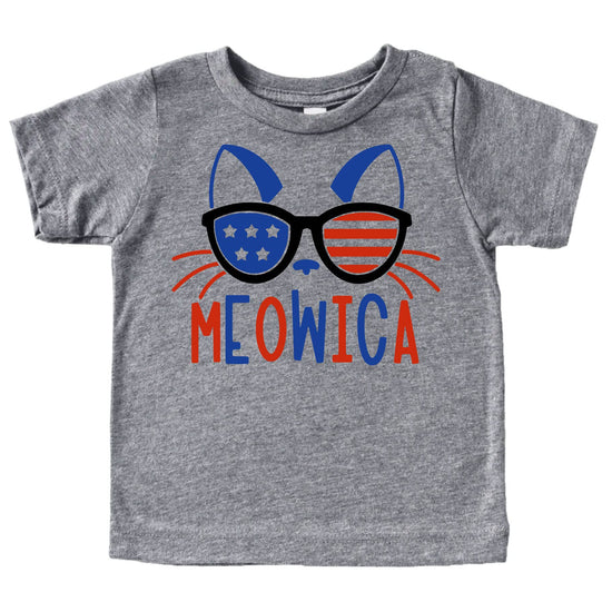 Flat lay of Meowica kitty cat 4th of July shirt showing full graphic print detail