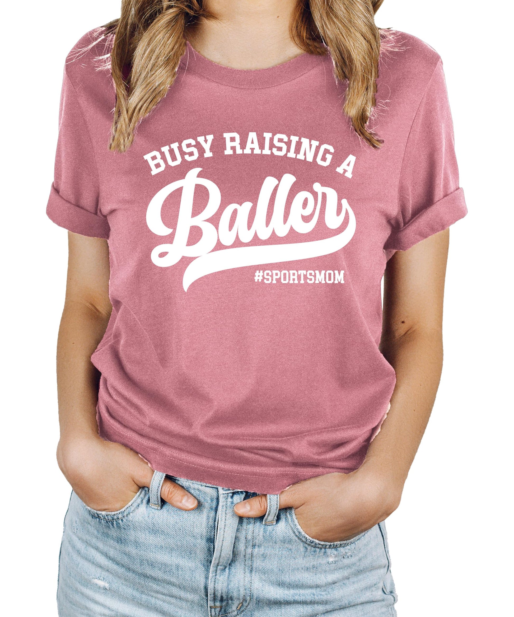 Busy Raising a Baller black t-shirt for women, front view on model