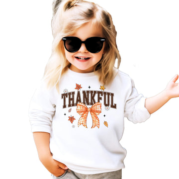 Thankful Orange Bow Sweatshirt for Girls, Teens, and Women Fall Thanksgiving Pullover White Sweatshirt Small