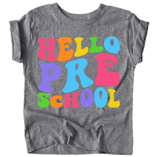 Purple Hello Preschool wavy graphic tee for kids first day of school