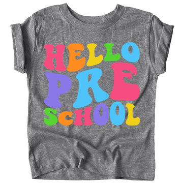 Purple Hello Preschool wavy graphic tee for kids first day of school